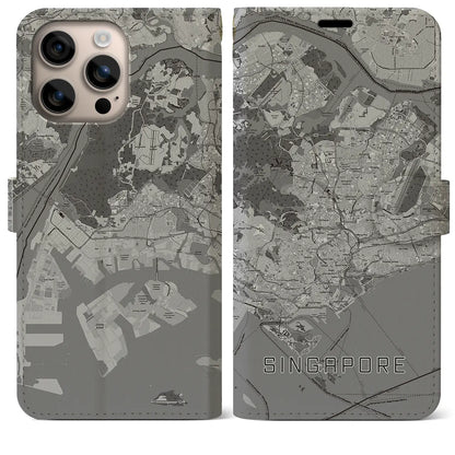 【シンガポール】地図柄iPhoneケース（手帳タイプ）モノトーン・iPhone 16 Plus 用