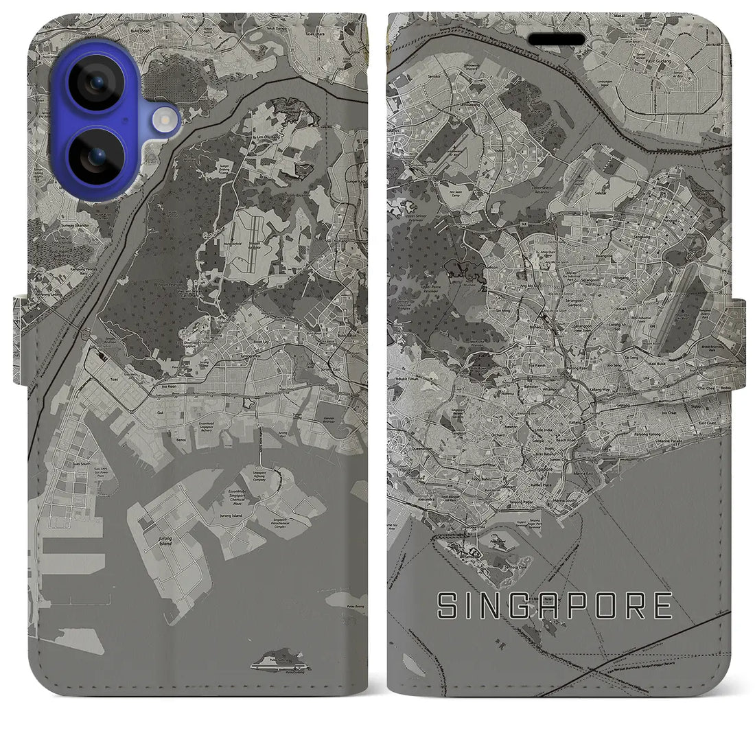 【シンガポール】地図柄iPhoneケース(手帳タイプ)モノトーン・iPhone 16 Pro Max 用