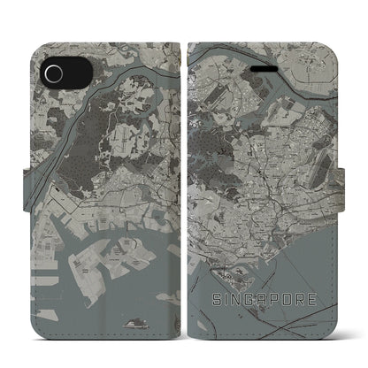 【シンガポール】地図柄iPhoneケース（手帳タイプ）モノトーン・iPhone SE（第3 / 第2世代） / 8 / 7 / 6s / 6 用