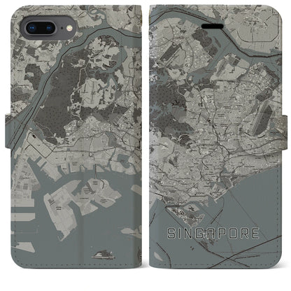 【シンガポール】地図柄iPhoneケース（手帳タイプ）モノトーン・iPhone 8Plus /7Plus / 6sPlus / 6Plus 用