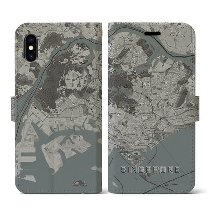 【シンガポール】地図柄iPhoneケース（手帳タイプ）モノトーン・iPhone XS / X 用