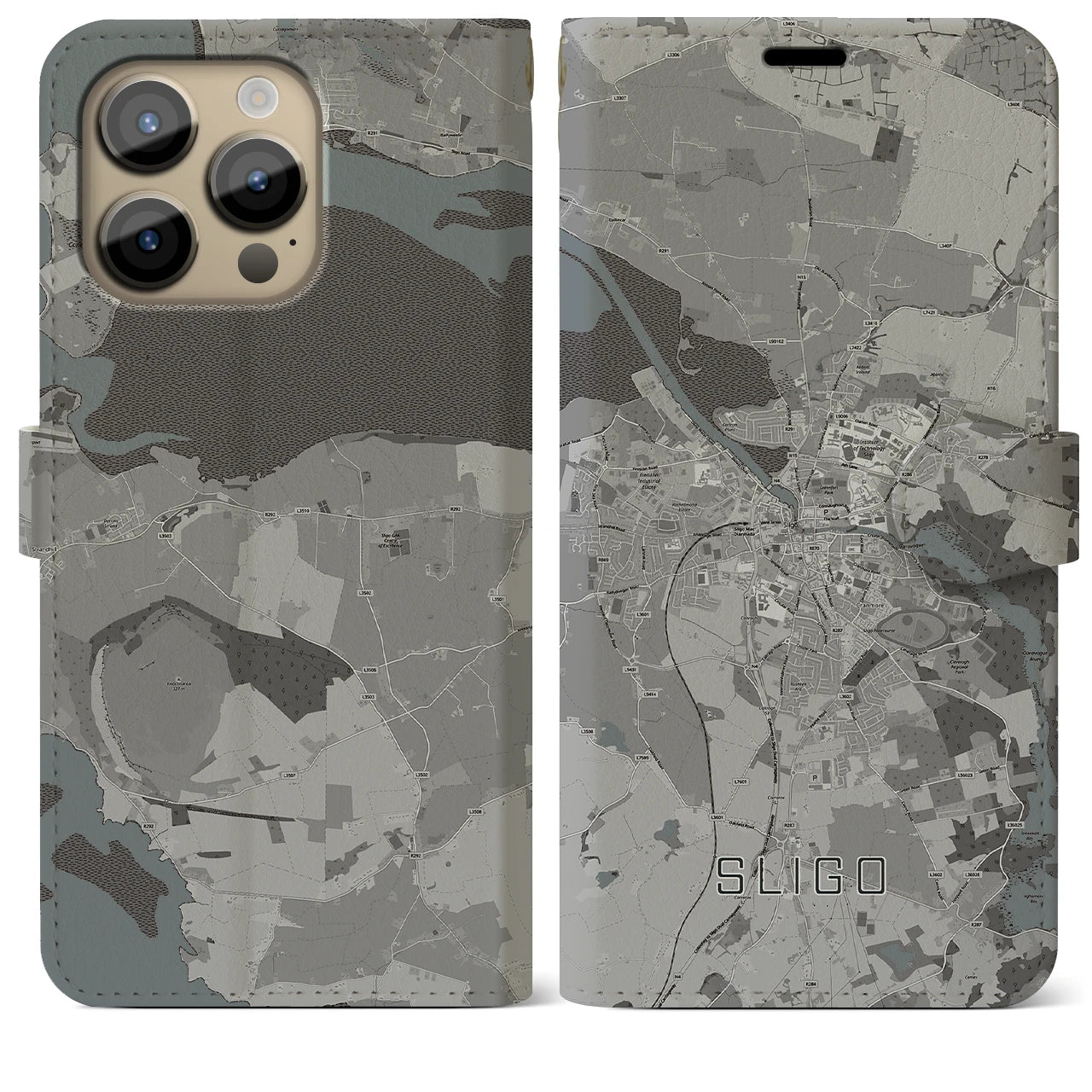 【スライゴ】地図柄iPhoneケース（手帳両面タイプ・モノトーン）iPhone 14 Pro Max 用