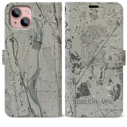 【相武台前（神奈川県）】地図柄iPhoneケース（手帳タイプ）モノトーン・iPhone 15 Plus 用