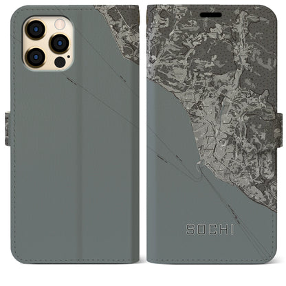 【ソチ（ロシア）】地図柄iPhoneケース（手帳タイプ）モノトーン・iPhone 12 Pro Max 用