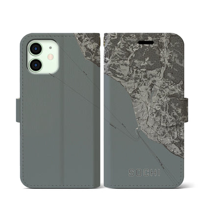 【ソチ（ロシア）】地図柄iPhoneケース（手帳タイプ）モノトーン・iPhone 12 mini 用