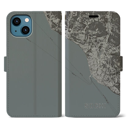【ソチ（ロシア）】地図柄iPhoneケース（手帳タイプ）モノトーン・iPhone 13 用