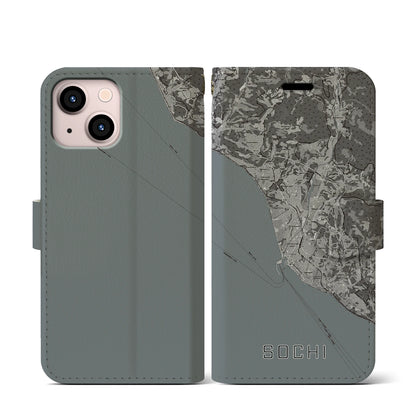 【ソチ（ロシア）】地図柄iPhoneケース（手帳タイプ）モノトーン・iPhone 13 mini 用