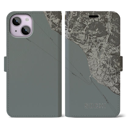 【ソチ（ロシア）】地図柄iPhoneケース（手帳タイプ）モノトーン・iPhone 14 用