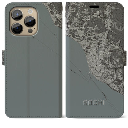 【ソチ（ロシア）】地図柄iPhoneケース（手帳タイプ）モノトーン・iPhone 14 Pro Max 用