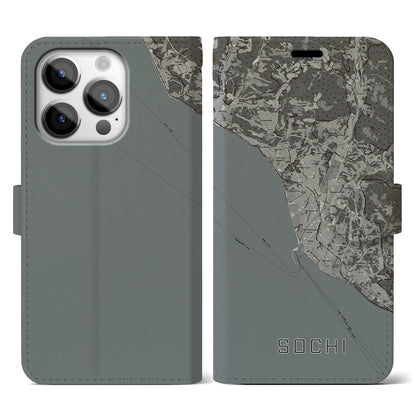 【ソチ（ロシア）】地図柄iPhoneケース（手帳タイプ）モノトーン・iPhone 14 Pro 用