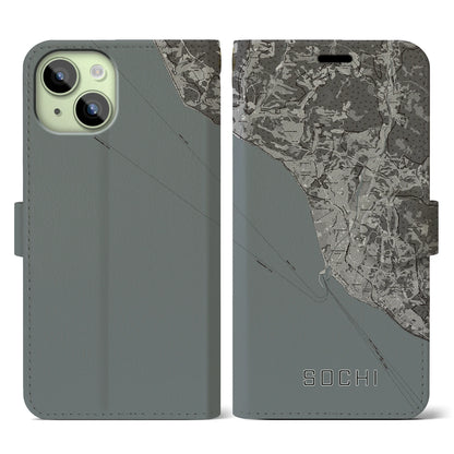 【ソチ（ロシア）】地図柄iPhoneケース（手帳タイプ）モノトーン・iPhone 15 用