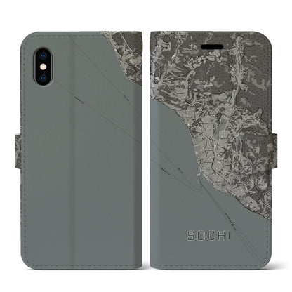 【ソチ（ロシア）】地図柄iPhoneケース（手帳タイプ）モノトーン・iPhone XS / X 用