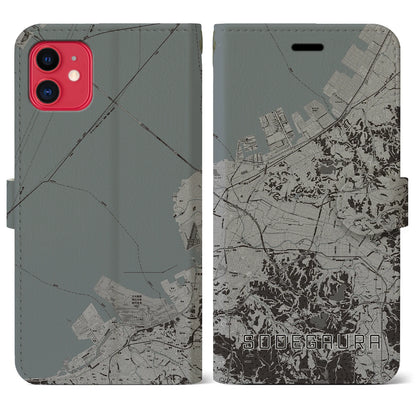 【袖ケ浦（千葉県）】地図柄iPhoneケース（手帳タイプ）モノトーン・iPhone 11 用