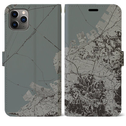 【袖ケ浦（千葉県）】地図柄iPhoneケース（手帳タイプ）モノトーン・iPhone 11 Pro Max 用