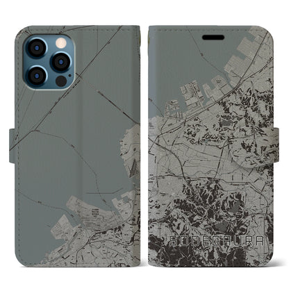 【袖ケ浦（千葉県）】地図柄iPhoneケース（手帳タイプ）モノトーン・iPhone 12 / 12 Pro 用