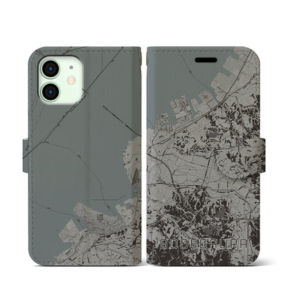 【袖ケ浦（千葉県）】地図柄iPhoneケース（手帳タイプ）モノトーン・iPhone 12 mini 用