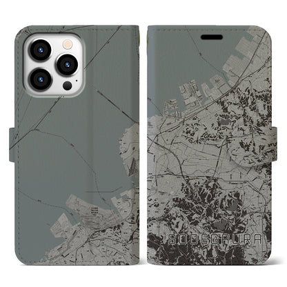 【袖ケ浦（千葉県）】地図柄iPhoneケース（手帳タイプ）モノトーン・iPhone 13 Pro 用