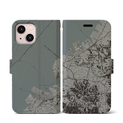 【袖ケ浦（千葉県）】地図柄iPhoneケース（手帳タイプ）モノトーン・iPhone 13 mini 用