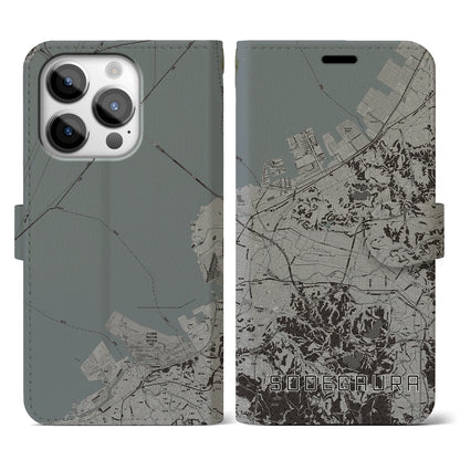 【袖ケ浦（千葉県）】地図柄iPhoneケース（手帳タイプ）モノトーン・iPhone 14 Pro 用