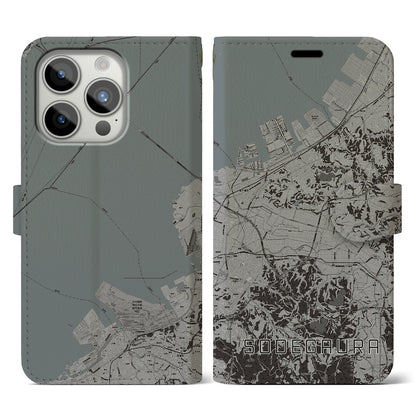 【袖ケ浦（千葉県）】地図柄iPhoneケース（手帳タイプ）モノトーン・iPhone 15 Pro 用