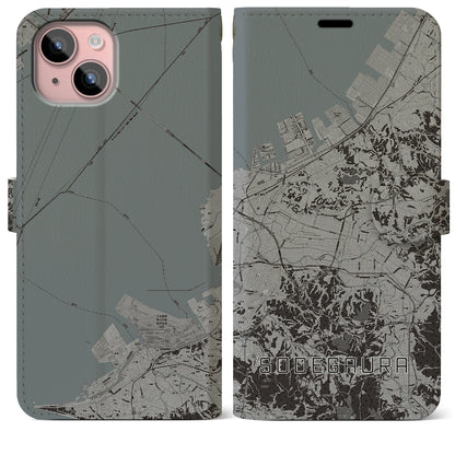 【袖ケ浦（千葉県）】地図柄iPhoneケース（手帳タイプ）モノトーン・iPhone 15 Plus 用