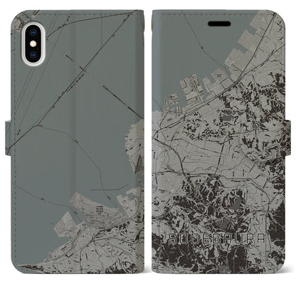 【袖ケ浦（千葉県）】地図柄iPhoneケース（手帳タイプ）モノトーン・iPhone XS Max 用