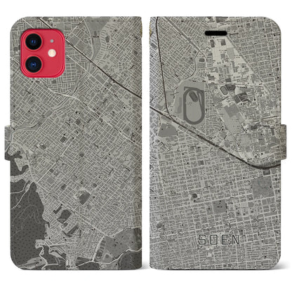 【桑園（北海道）】地図柄iPhoneケース（手帳タイプ）モノトーン・iPhone 11 用