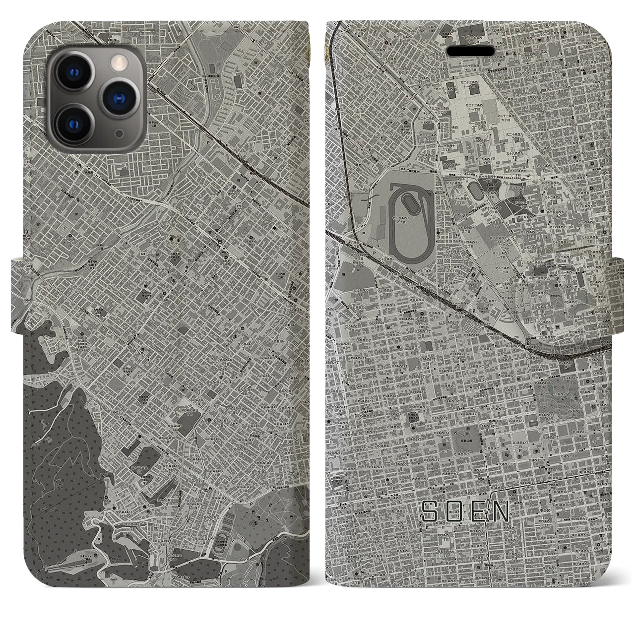 【桑園】地図柄iPhoneケース（手帳両面タイプ・モノトーン）iPhone 11 Pro Max 用