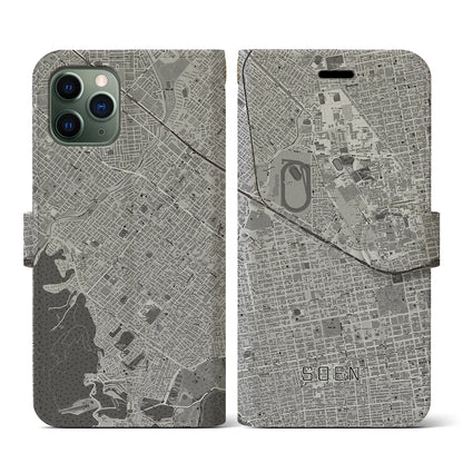 【桑園（北海道）】地図柄iPhoneケース（手帳タイプ）モノトーン・iPhone 11 Pro 用