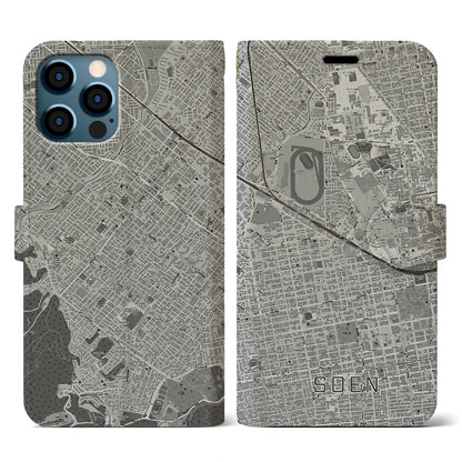 【桑園（北海道）】地図柄iPhoneケース（手帳タイプ）モノトーン・iPhone 12 / 12 Pro 用