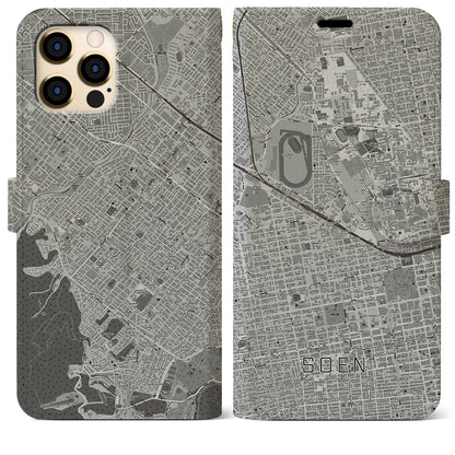 【桑園（北海道）】地図柄iPhoneケース（手帳タイプ）モノトーン・iPhone 12 Pro Max 用