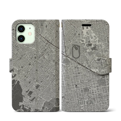 【桑園（北海道）】地図柄iPhoneケース（手帳タイプ）モノトーン・iPhone 12 mini 用