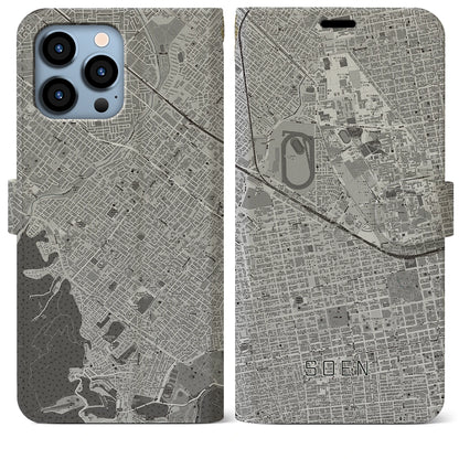 【桑園（北海道）】地図柄iPhoneケース（手帳タイプ）モノトーン・iPhone 13 Pro Max 用