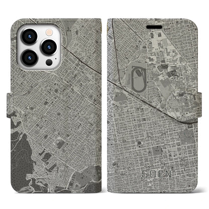 【桑園（北海道）】地図柄iPhoneケース（手帳タイプ）モノトーン・iPhone 13 Pro 用