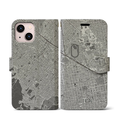 【桑園（北海道）】地図柄iPhoneケース（手帳タイプ）モノトーン・iPhone 13 mini 用