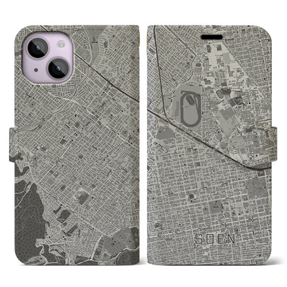 【桑園（北海道）】地図柄iPhoneケース（手帳タイプ）モノトーン・iPhone 14 用