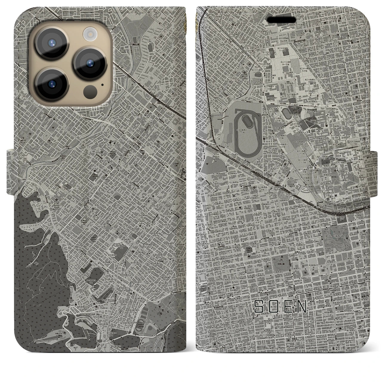 【桑園】地図柄iPhoneケース（手帳両面タイプ・モノトーン）iPhone 14 Pro Max 用