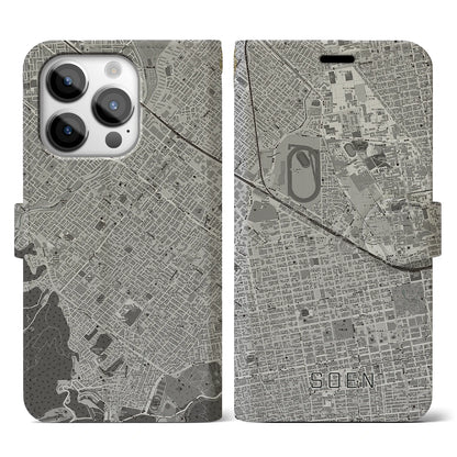 【桑園（北海道）】地図柄iPhoneケース（手帳タイプ）モノトーン・iPhone 14 Pro 用