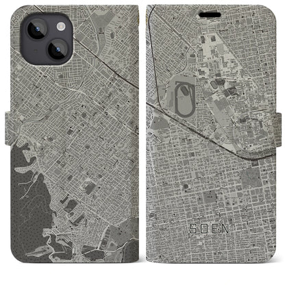 【桑園（北海道）】地図柄iPhoneケース（手帳タイプ）モノトーン・iPhone 14 Plus 用