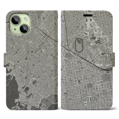 【桑園（北海道）】地図柄iPhoneケース（手帳タイプ）モノトーン・iPhone 15 用