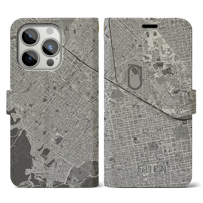 【桑園（北海道）】地図柄iPhoneケース（手帳タイプ）モノトーン・iPhone 15 Pro 用