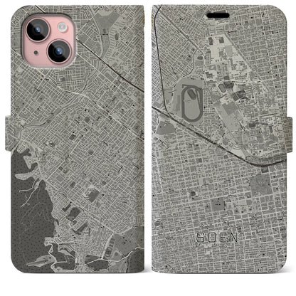 【桑園（北海道）】地図柄iPhoneケース（手帳タイプ）モノトーン・iPhone 15 Plus 用