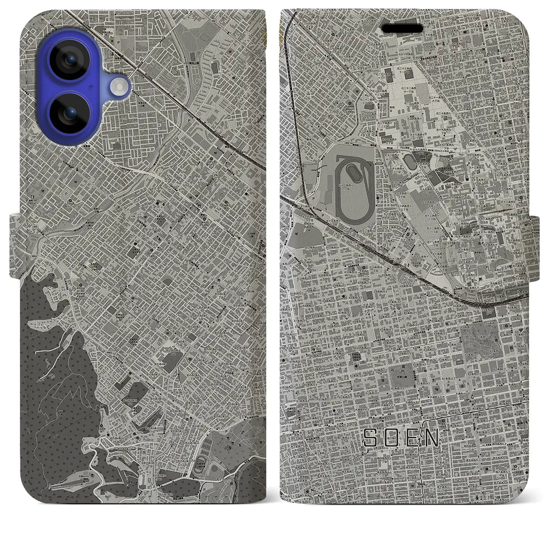 【桑園(北海道)】地図柄iPhoneケース(手帳タイプ)モノトーン・iPhone 16 Pro Max 用