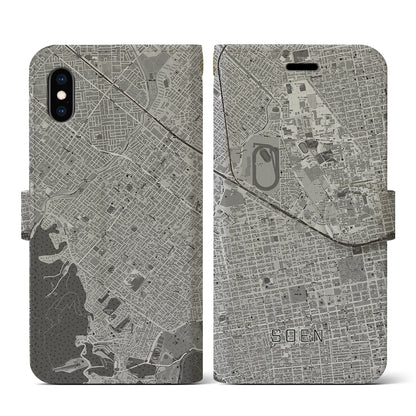 【桑園（北海道）】地図柄iPhoneケース（手帳タイプ）モノトーン・iPhone XS / X 用