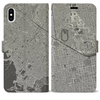 【桑園（北海道）】地図柄iPhoneケース（手帳タイプ）モノトーン・iPhone XS Max 用