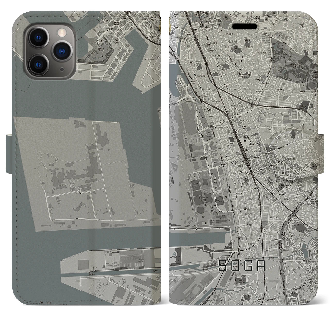 【蘇我】地図柄iPhoneケース（手帳両面タイプ・モノトーン）iPhone 11 Pro Max 用