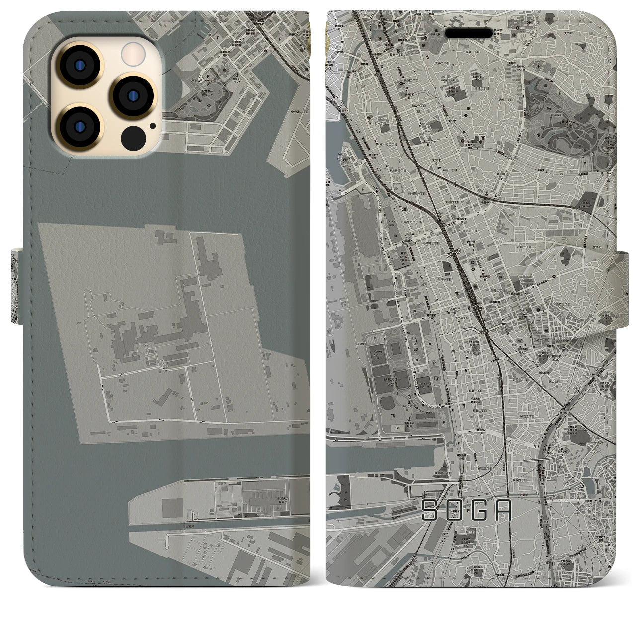 【蘇我】地図柄iPhoneケース（手帳両面タイプ・モノトーン）iPhone 12 Pro Max 用