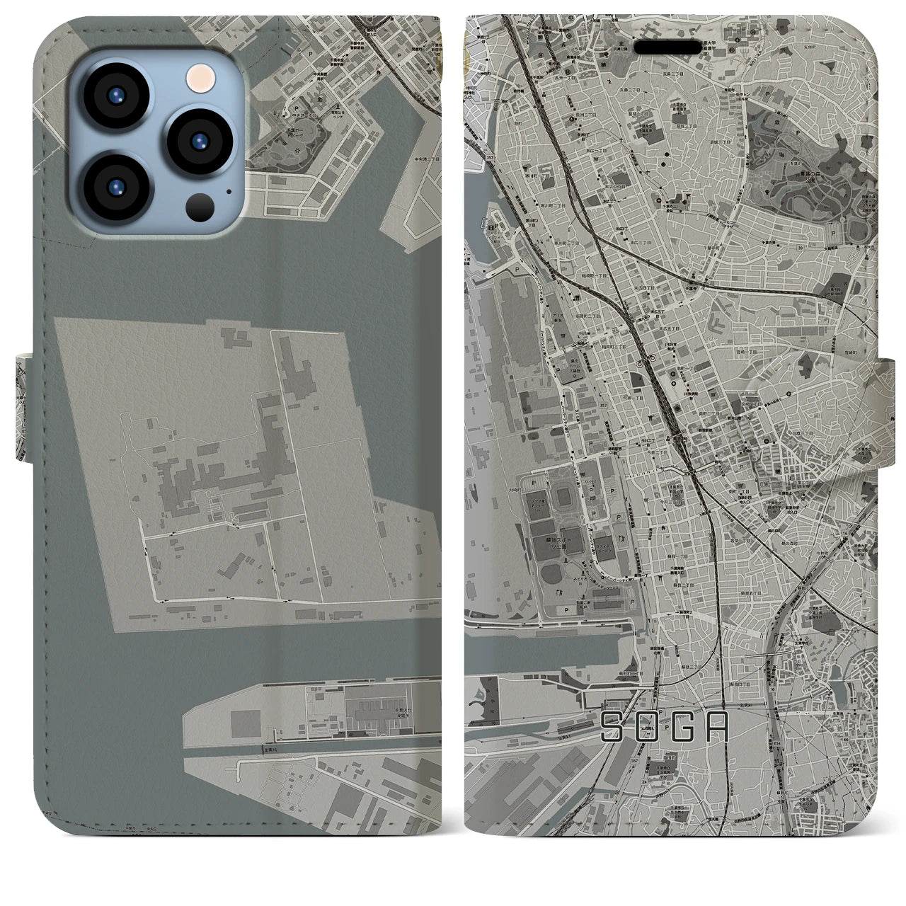 【蘇我】地図柄iPhoneケース（手帳両面タイプ・モノトーン）iPhone 13 Pro Max 用
