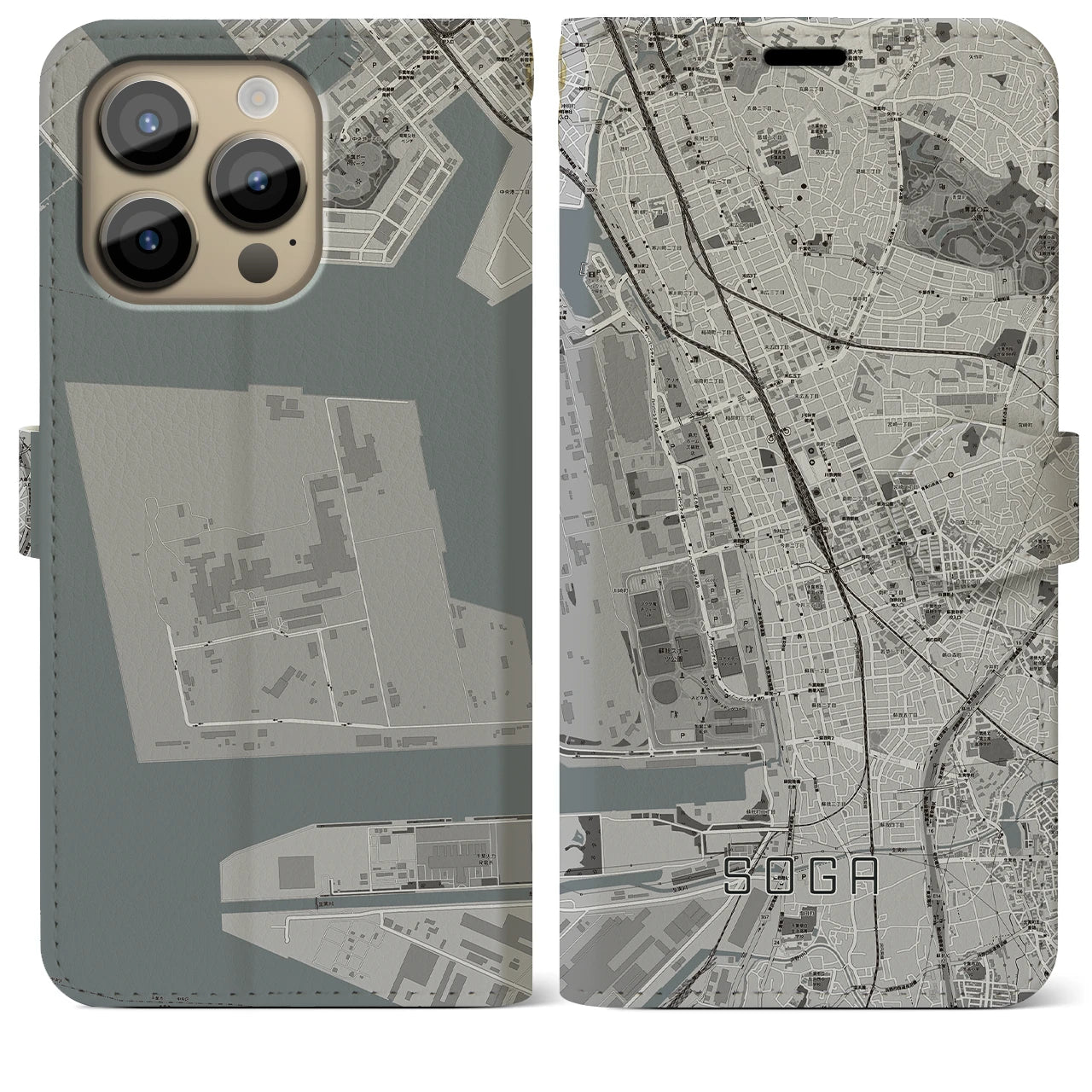 【蘇我】地図柄iPhoneケース（手帳両面タイプ・モノトーン）iPhone 14 Pro Max 用