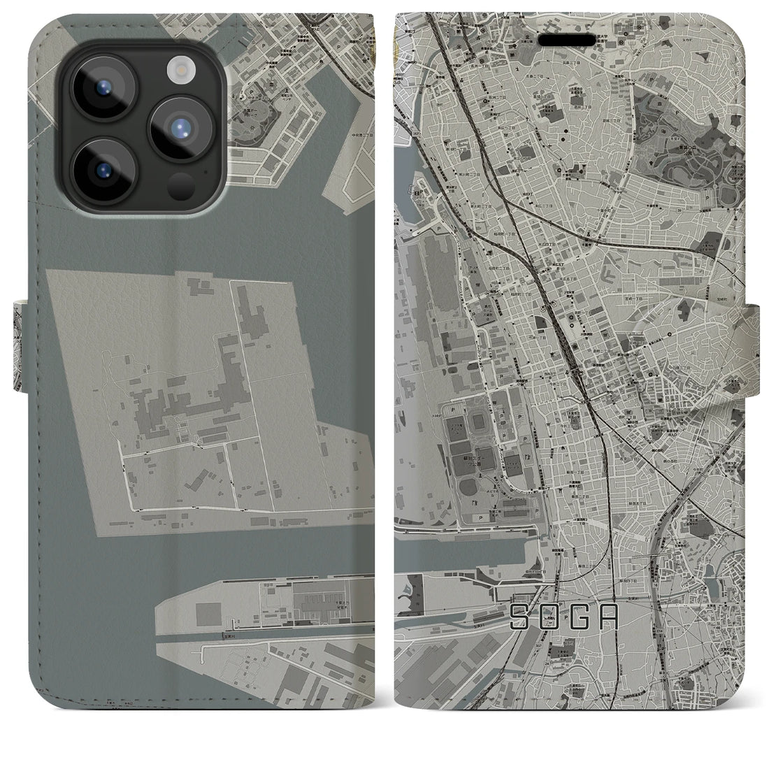 【蘇我】地図柄iPhoneケース（手帳両面タイプ・モノトーン）iPhone 15 Pro Max 用
